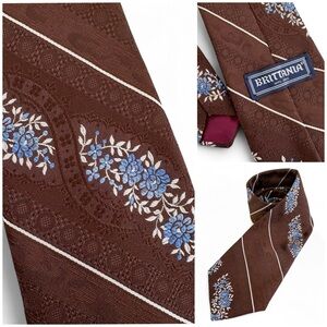 VTG 70s Brittania Tie | Brown Baby Blue Floral Jacquard | Retro Mid-Century Mod